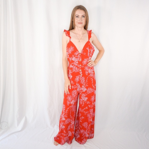 Free People Pants - Free People Be The One Jumpsuit Floral Ruffle Red